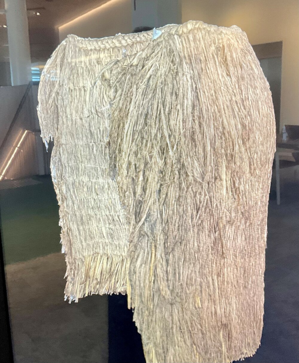 Pākē pātītī, rainproof cape thatched with silver tussock (poa cita).