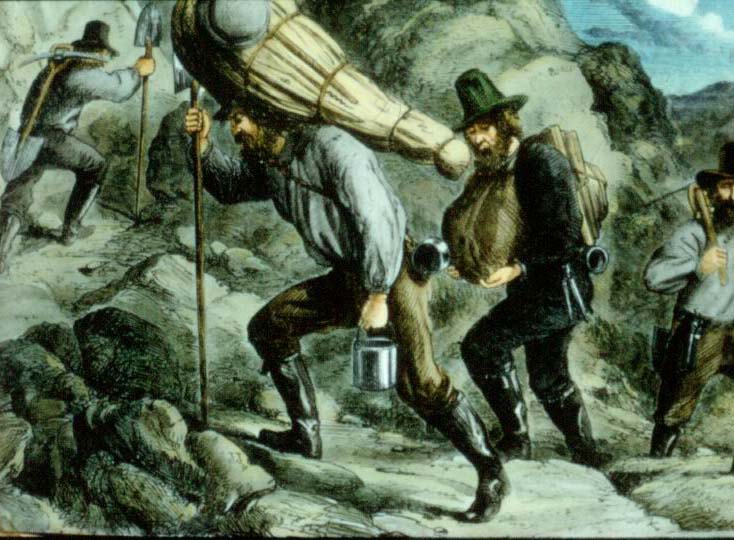 Goldminers making their way up a rocky route