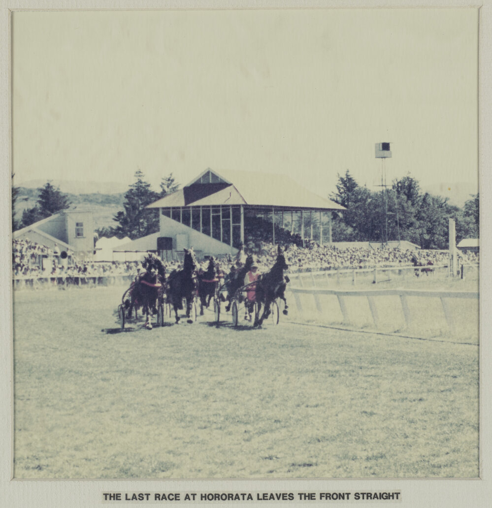 The last race at the farewell meeting of the Hororāta Trotting Club, Hororāta Racecourse, 10 March 1984
