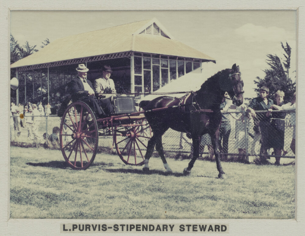L. Purvis, Stipendary Steward at farewell meeting of the Hororāta Trotting Club, Hororāta Racecourse, 10 March 1984