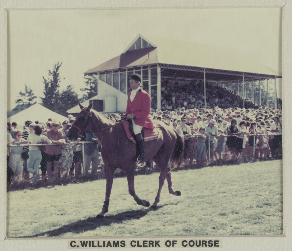 C. Williams, Clerk of Course at farewell meeting of the Hororāta Trotting Club, Hororāta Racecourse, 10 March 1984