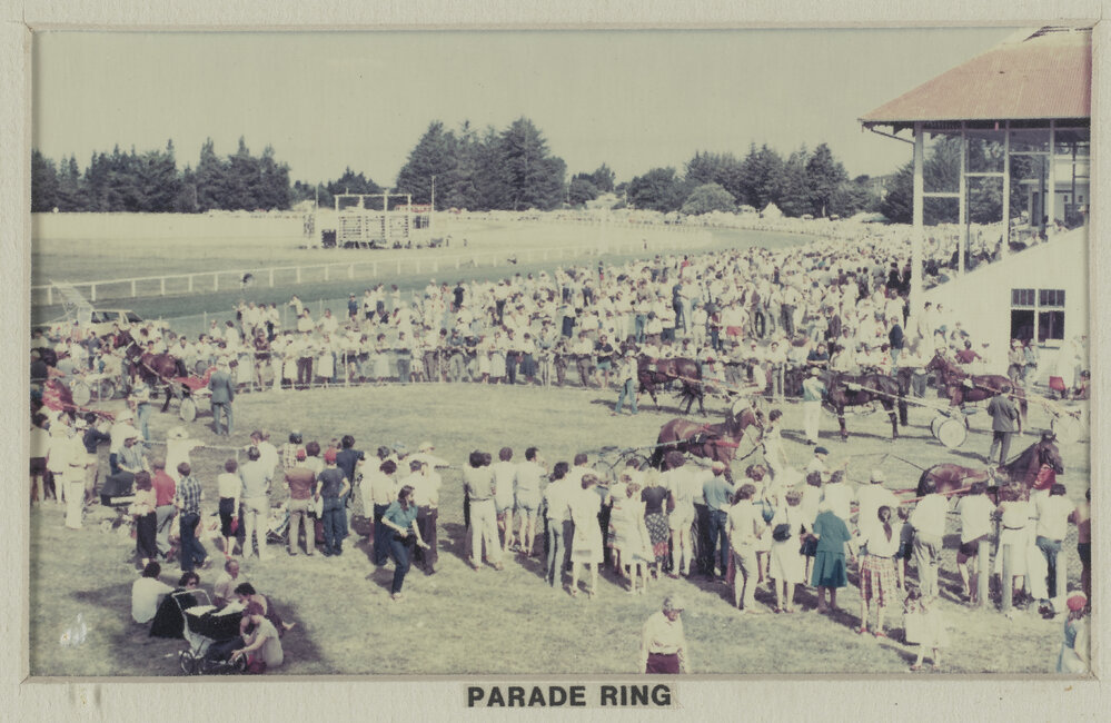Parade ring at farewell meeting of the Hororāta Trotting Club, Hororāta Racecourse, 10 March 1984