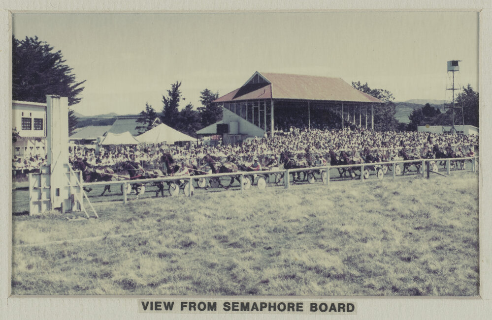 View from Semaphore Board at farewell meeting of the Hororāta Trotting Club, Hororāta Racecourse, 10 March 1984