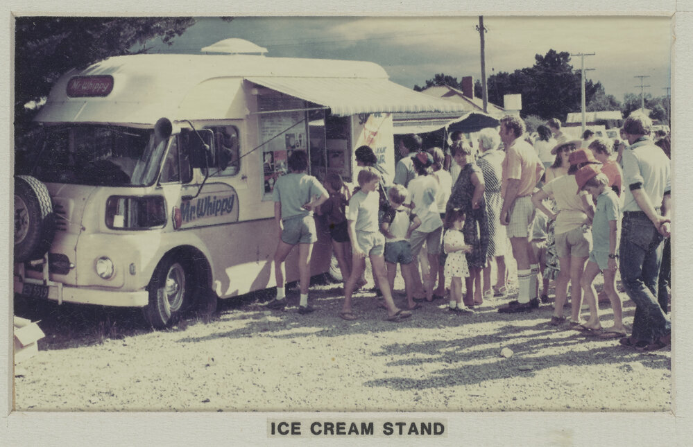Mr. Whippy ice cream van at farewell meeting of the Hororāta Trotting Club, Hororāta Racecourse, 10 March 1984