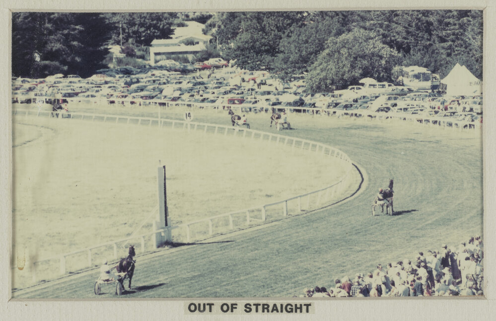 Race at farewell meeting of the Hororāta Trotting Club, Hororāta Racecourse, 10 March 1984