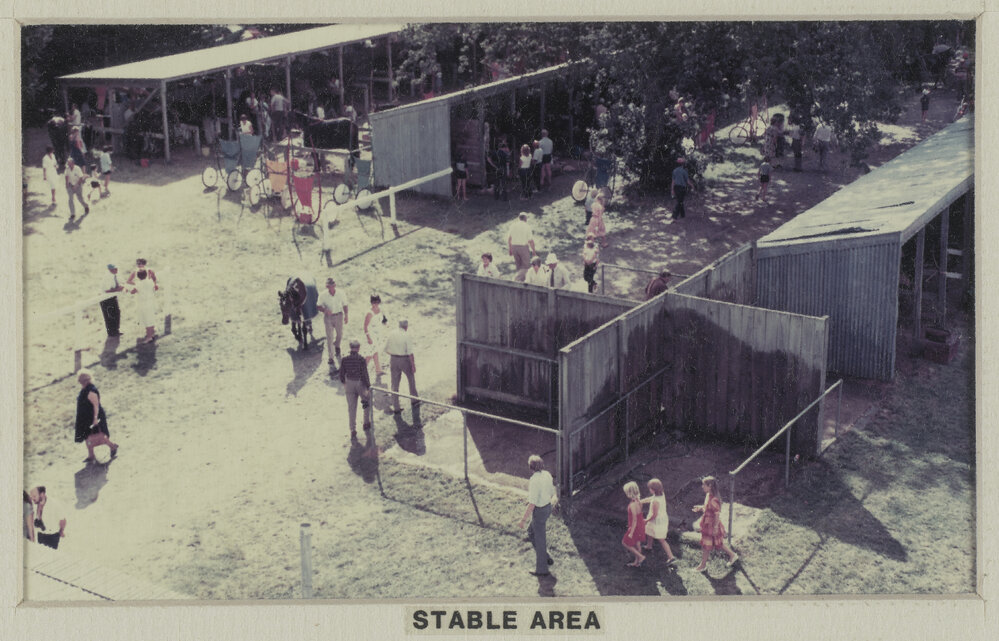 Hororāta Racecourse stable area at farewell meeting of the Hororāta Trotting Club, 10 March 1984