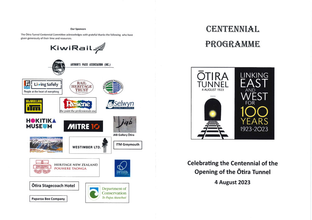 Programme for Ōtira Tunnel Centennial, 4 August 2023