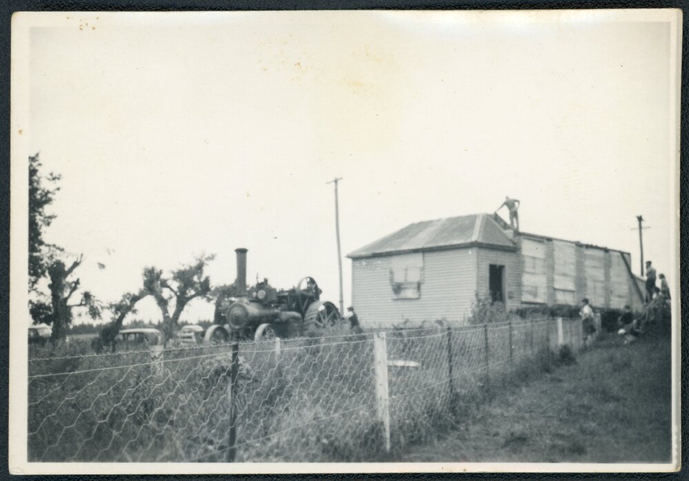 Traction Engine and new Courtenay School building from Burnham, 1956