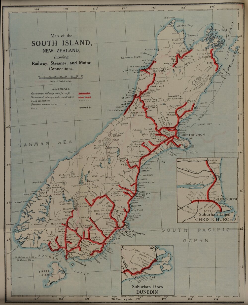 Map of the South Island of New Zealand, showing railway, steamer and motor connections (1928)
