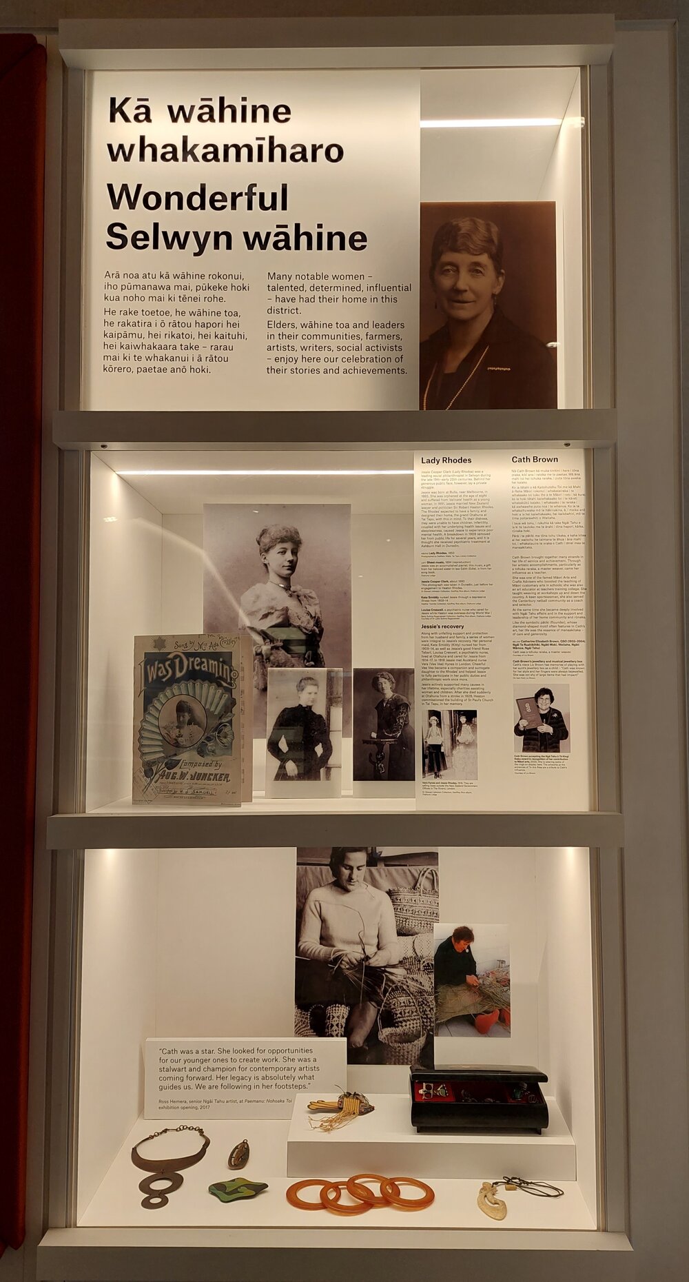 Exhibition case for Kā wāhine whakamīharo: Wonderful Selwyn wāhine 2023