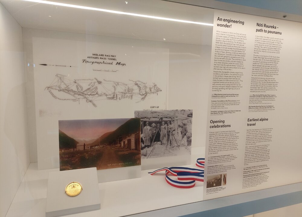 Ōtira tunnel exhibition case at Te Ara Ātea, 2023