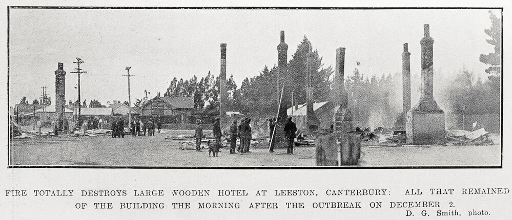 Fire destroys large wooden hotel at Leeston, Canterbury