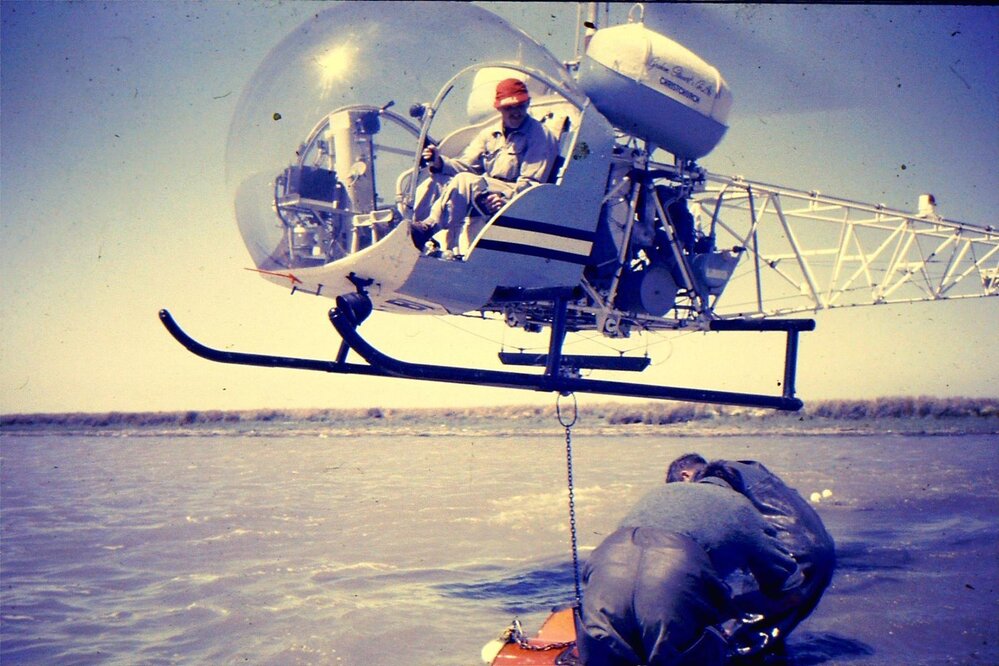 Helicopter used for eel fishing in Te Waihora Lake Ellesmere