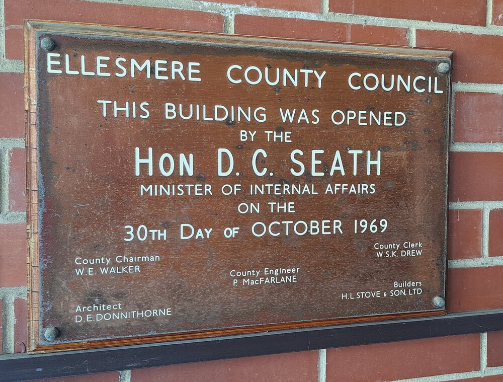 Plaque commemorating the opening of the Ellesmere County Council building, 1969
