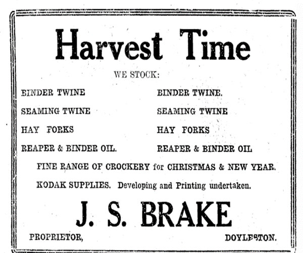 Advertisesment for J. S. Brake's store, Doyleston, 1925