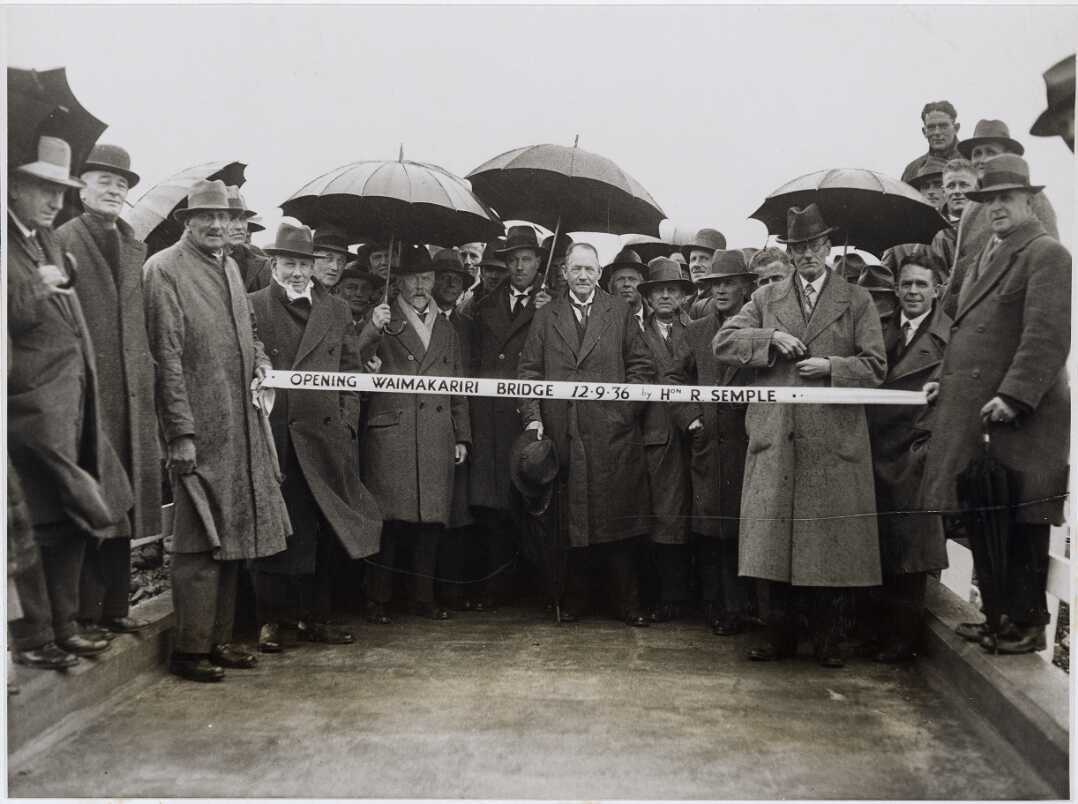 Robert Semple preparing to open a bridge across the Waimakariri River at Bealey