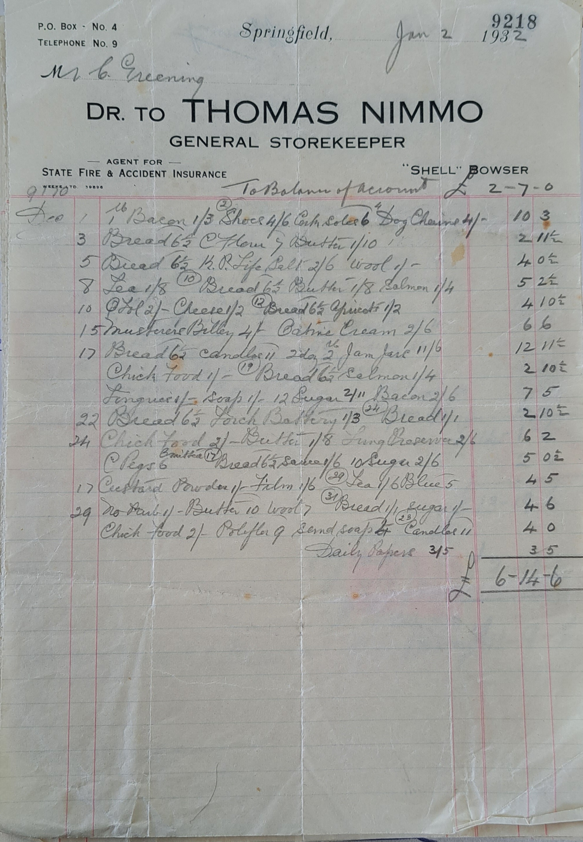 Invoice from Thomas Nimmo to Charles Greening of Springfield