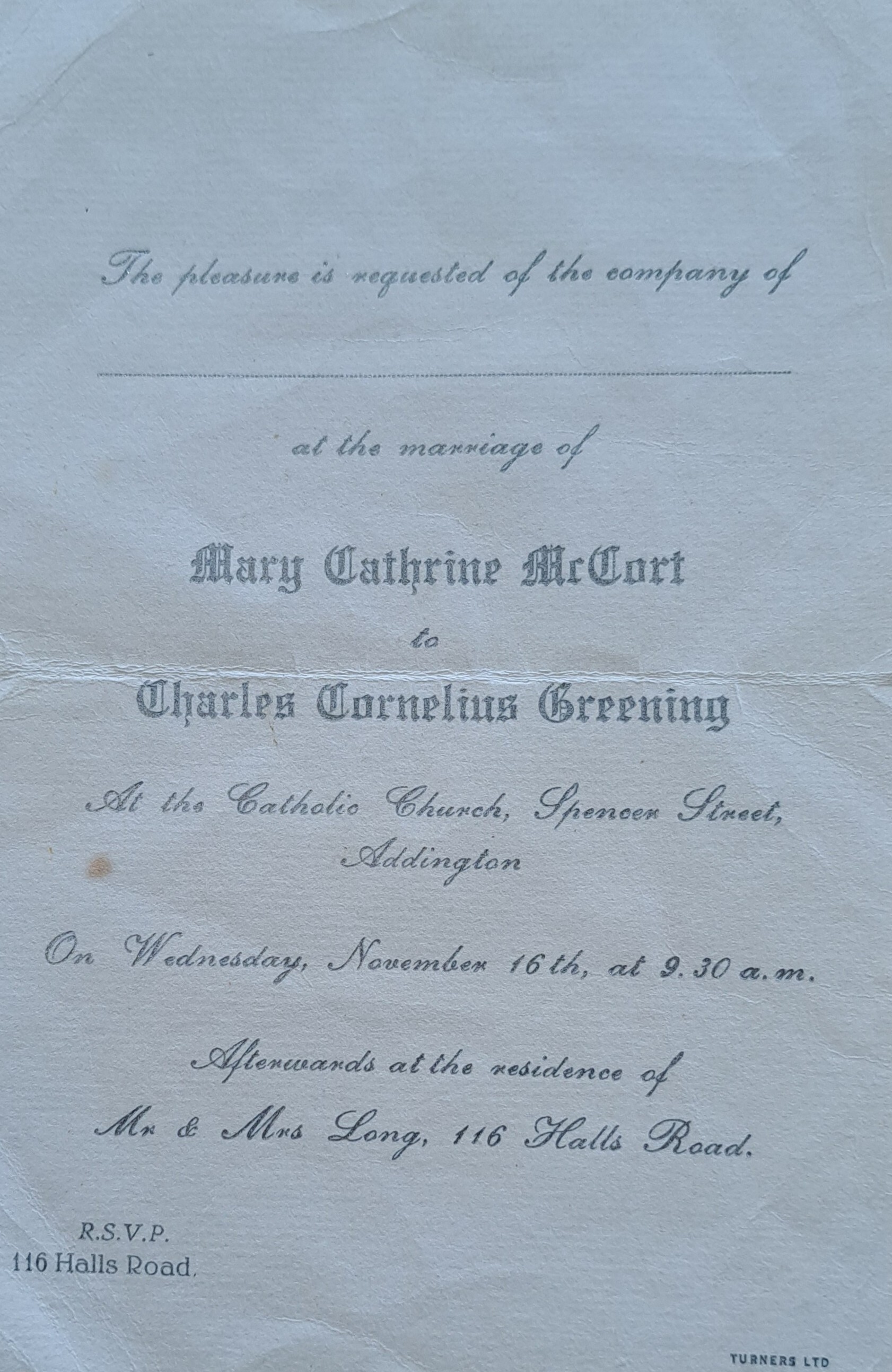 Invitation to the wedding of Charles Greening and Mary McCourt