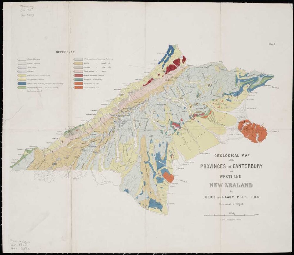 Geological map of the Provinces of Canterbury and Westland, New Zealand by Julius von Haast