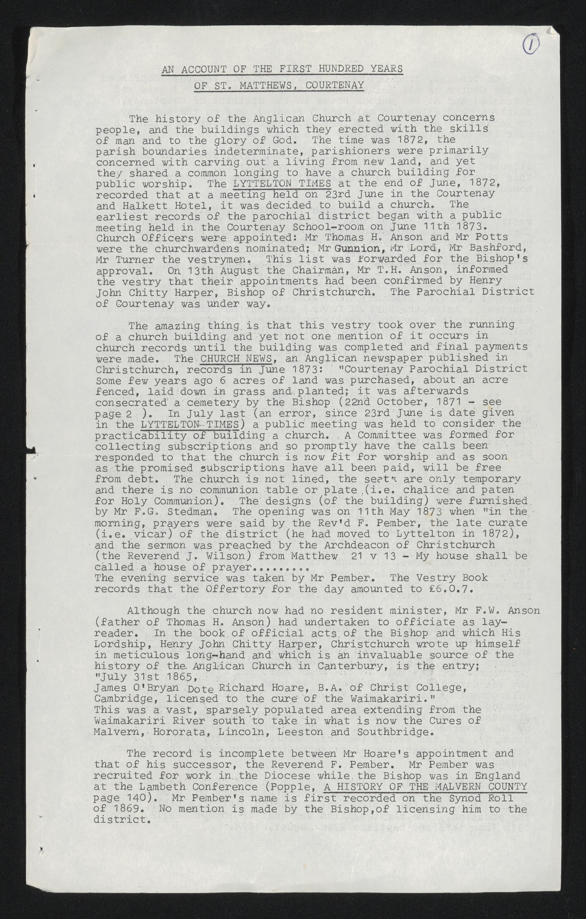 A historical account of St Matthew's Anglican Church, Courtenay
