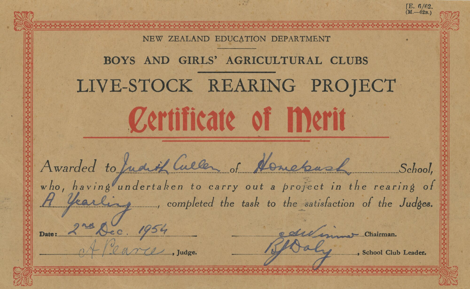 Judith Cullen's Certificate of Merit for raising a yearling