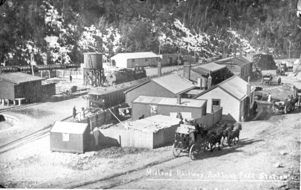 Express locomotive and stagecoaches at Arthur's Pass