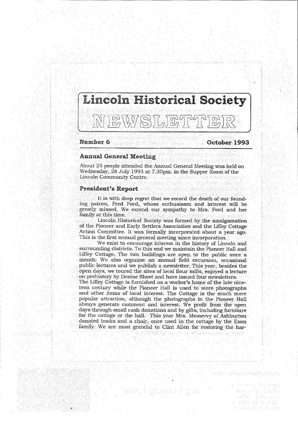 Newsletter / Lincoln Historical Society, No.6 (October 1993)