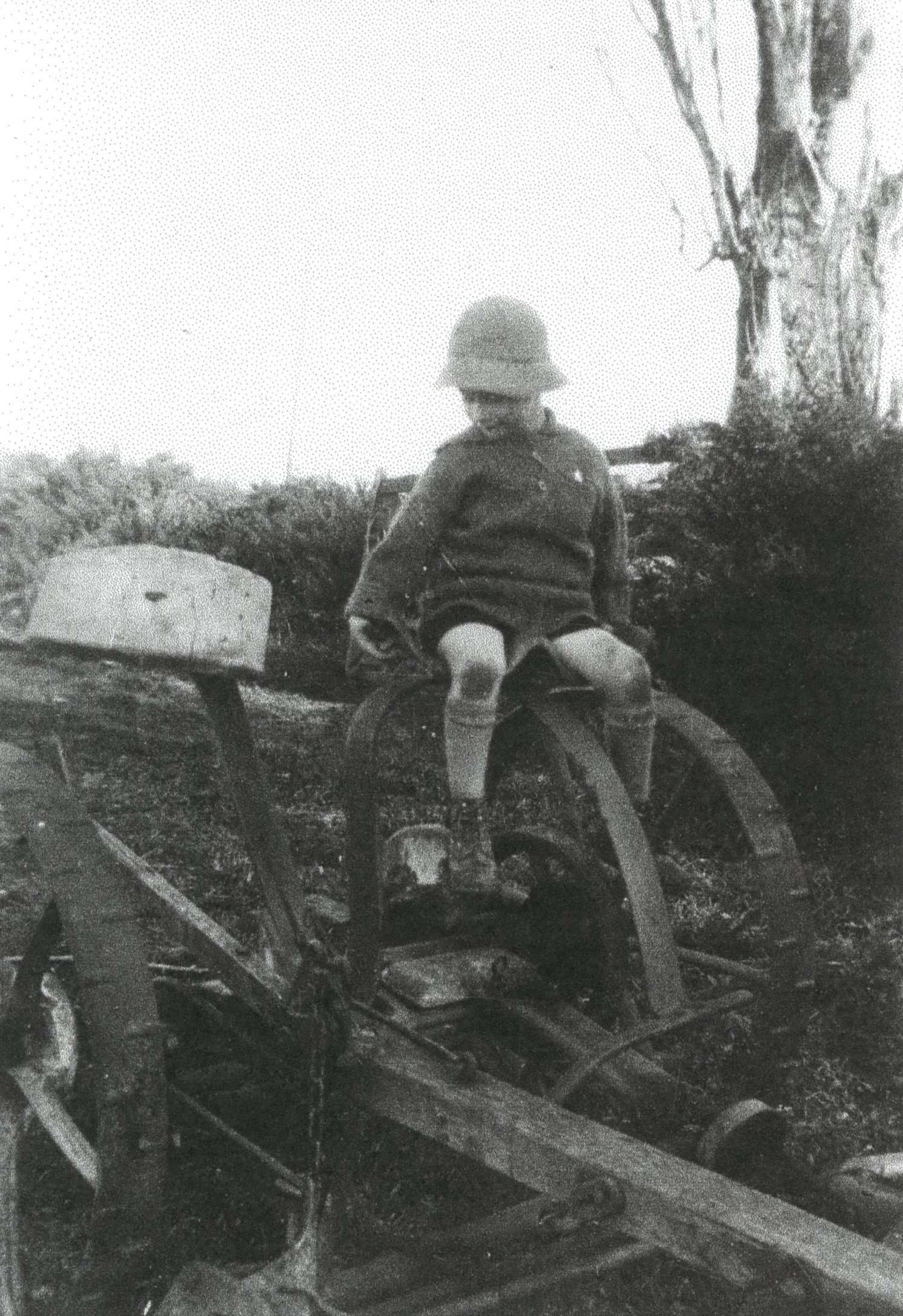 Young boy on McCormick horse mower