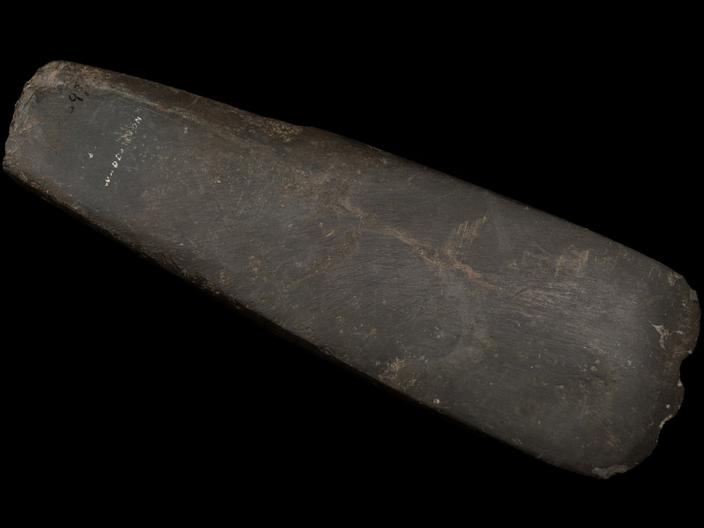 Toki made of greywacke, probably used for splitting tī kōuka taproots, found near Darfield, Selwyn District