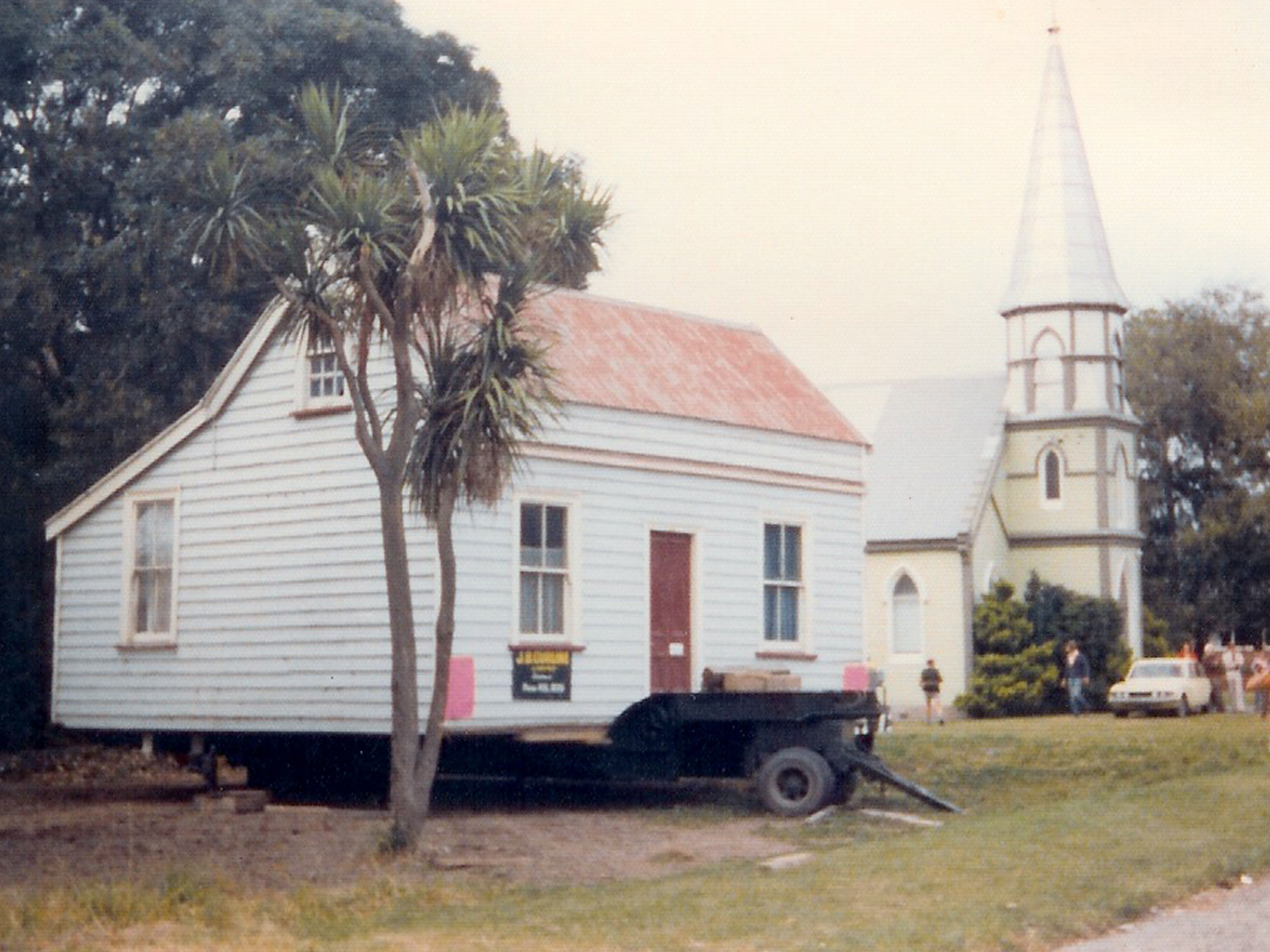 Liffey Cottage on its trailer at the new site in James Street, Lincoln, 1977