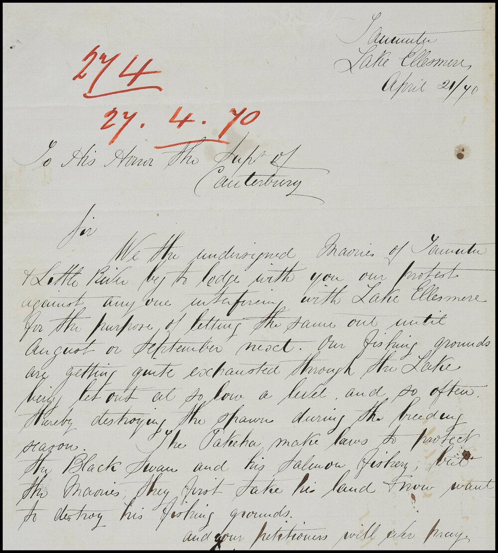 Te Waihora protest letter, 1870.