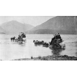 Stagecoaches crossing a ford, Waimakariri River