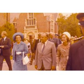 Former Prime Minister Robert Muldoon attends the royal visit to Lincoln College, 1977