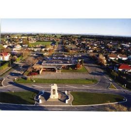 Aerial view of Leeston Library and war memorial