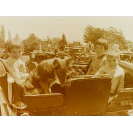 Children and dog in vintage vehicle