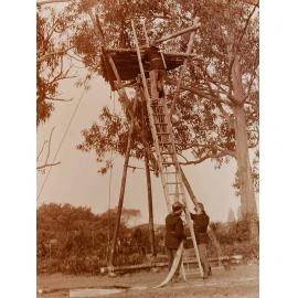 Fire fighter up a ladder 