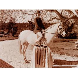 Rider and horse standing with awards