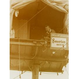 Man in pole-sitting shelter, Leeston Park, 1970