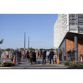 Staff gather outside Te Ara Ātea for the Whakatau whare