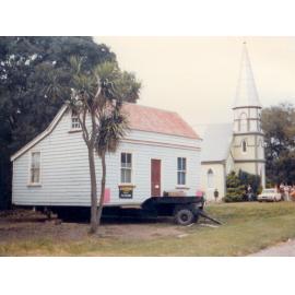 Liffey Cottage on its trailer at the new site in James Street, Lincoln, 1977