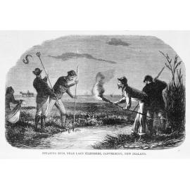 Spearing eel, near Lake Ellesmere, Canterbury, New Zealand, 1877  