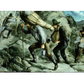 Goldminers making their way up a rocky route