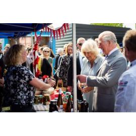 The former Prince of Wales and Duchess of Cornwall at Lincoln Farmers' Market, 2019