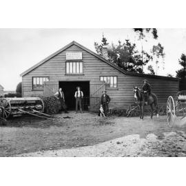 William Walker & son Johnny Walker outside blacksmith shop, Dunsandel c.1904