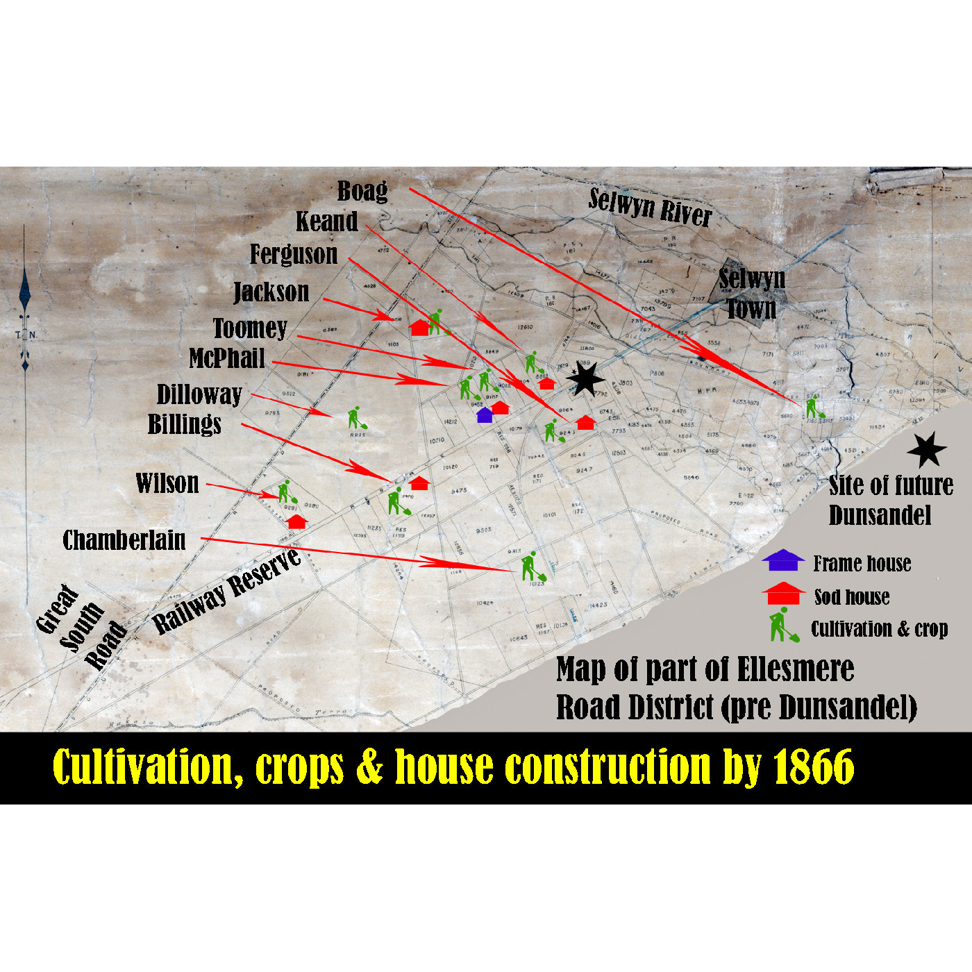 Cultivation, crops and house construction around Dunsandel by 1866 