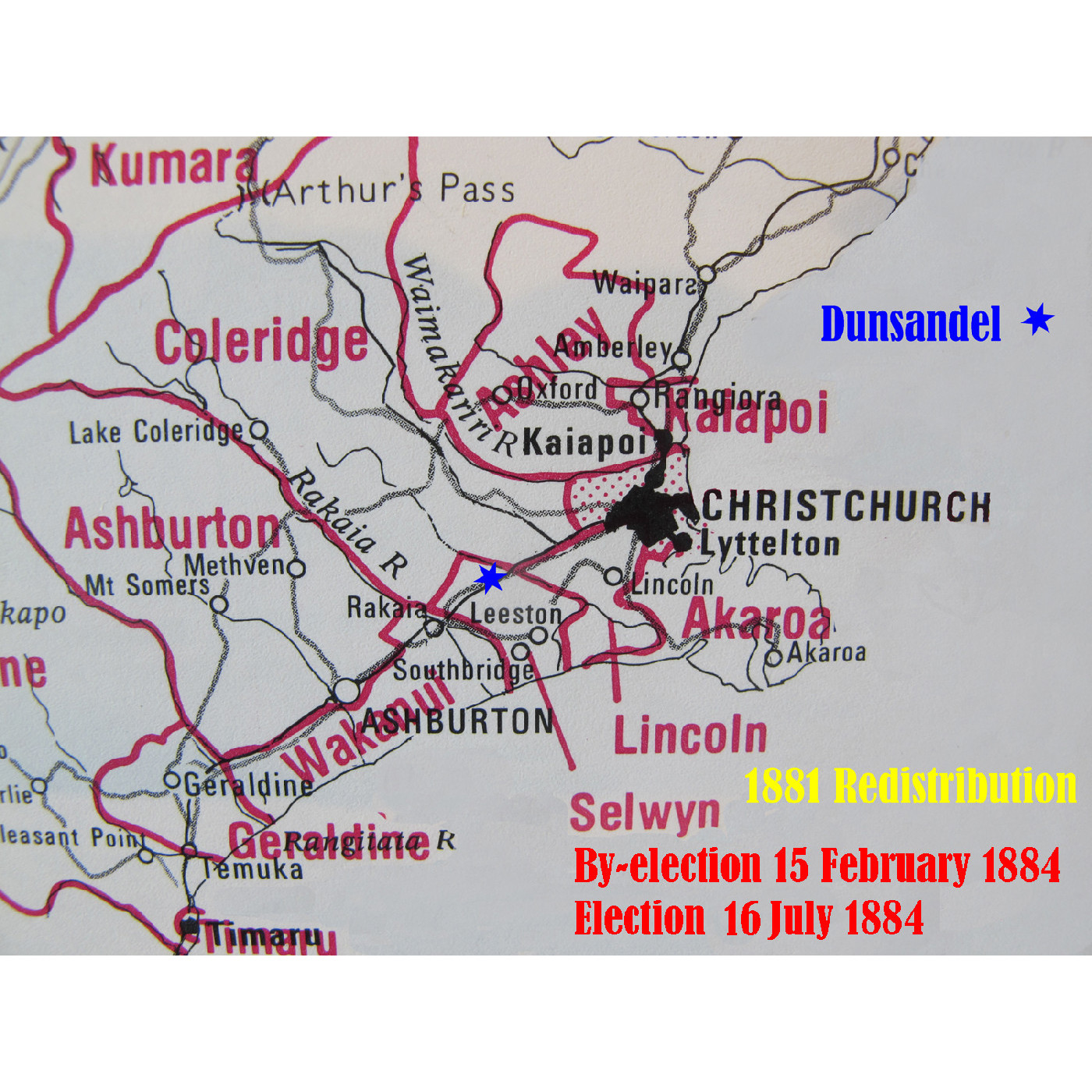 Electioneering for the 1884 By-election and General Election in the First Dunsandel Hall/Library