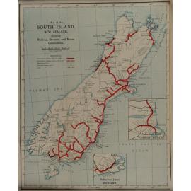Map of the South Island of New Zealand, showing railway, steamer and motor connections (1928)