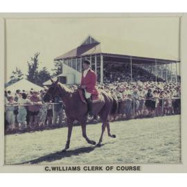 C. Williams, Clerk of Course at farewell meeting of the Hororāta Trotting Club, Hororāta Racecourse, 10 March 1984