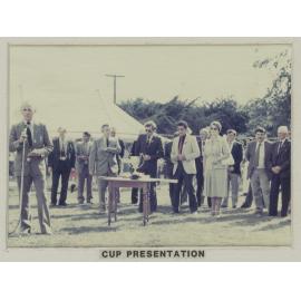 Cup presentation at farewell meeting of the Hororāta Trotting Club, Hororāta Racecourse, 10 March 1984