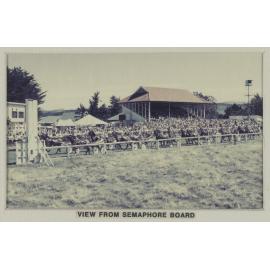 View from Semaphore Board at farewell meeting of the Hororāta Trotting Club, Hororāta Racecourse, 10 March 1984